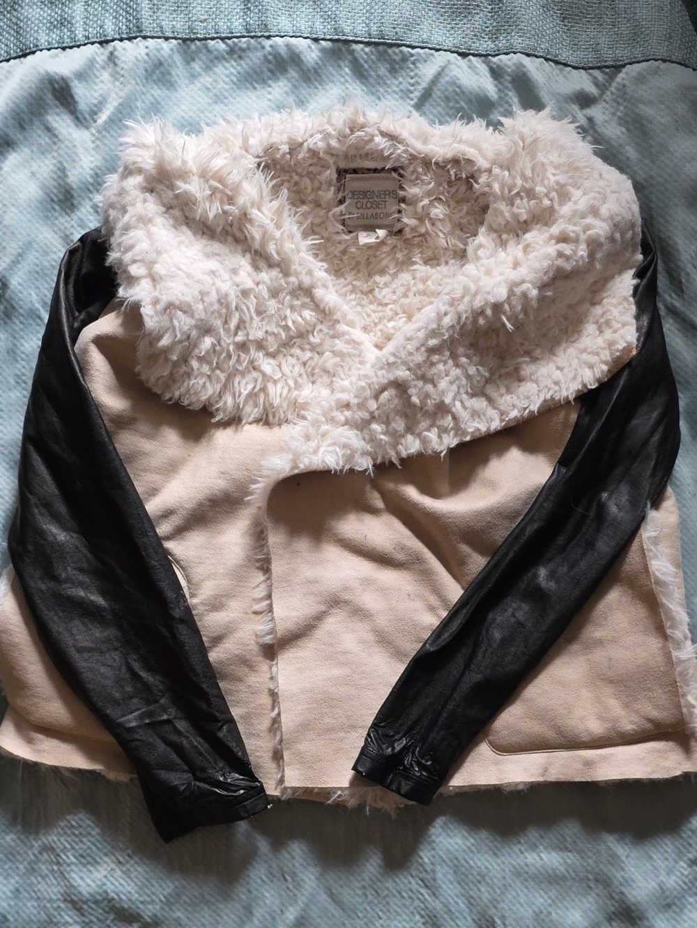 Cream Faux-Shearling Jacket with Black Faux-Leather Sleeves